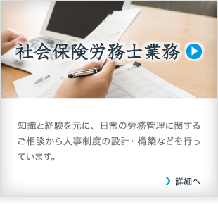 社会保険労務士業務/知識と経験を元に、日常の労務管理に関するご相談から人事制度の設計・構築などを行っています。